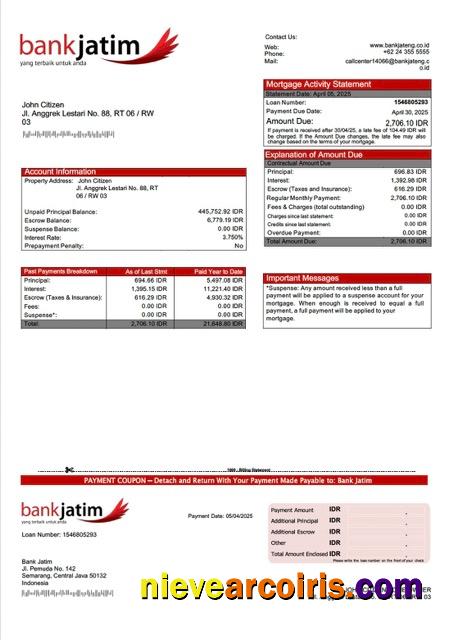 Indonesia Bank Jatim mortgage statement Word and PDF template